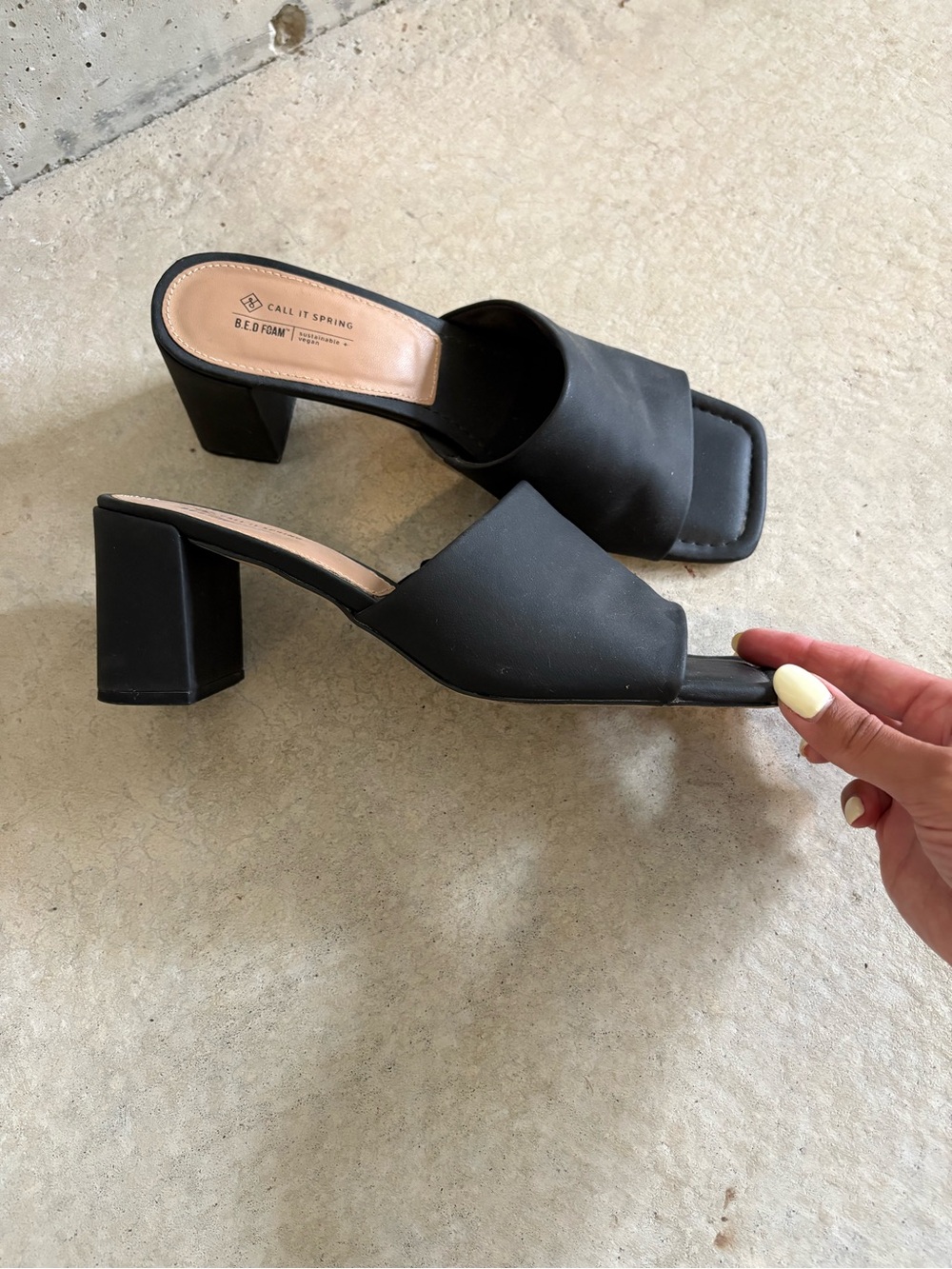 Call it Spring size 10 black square toe block mule heels